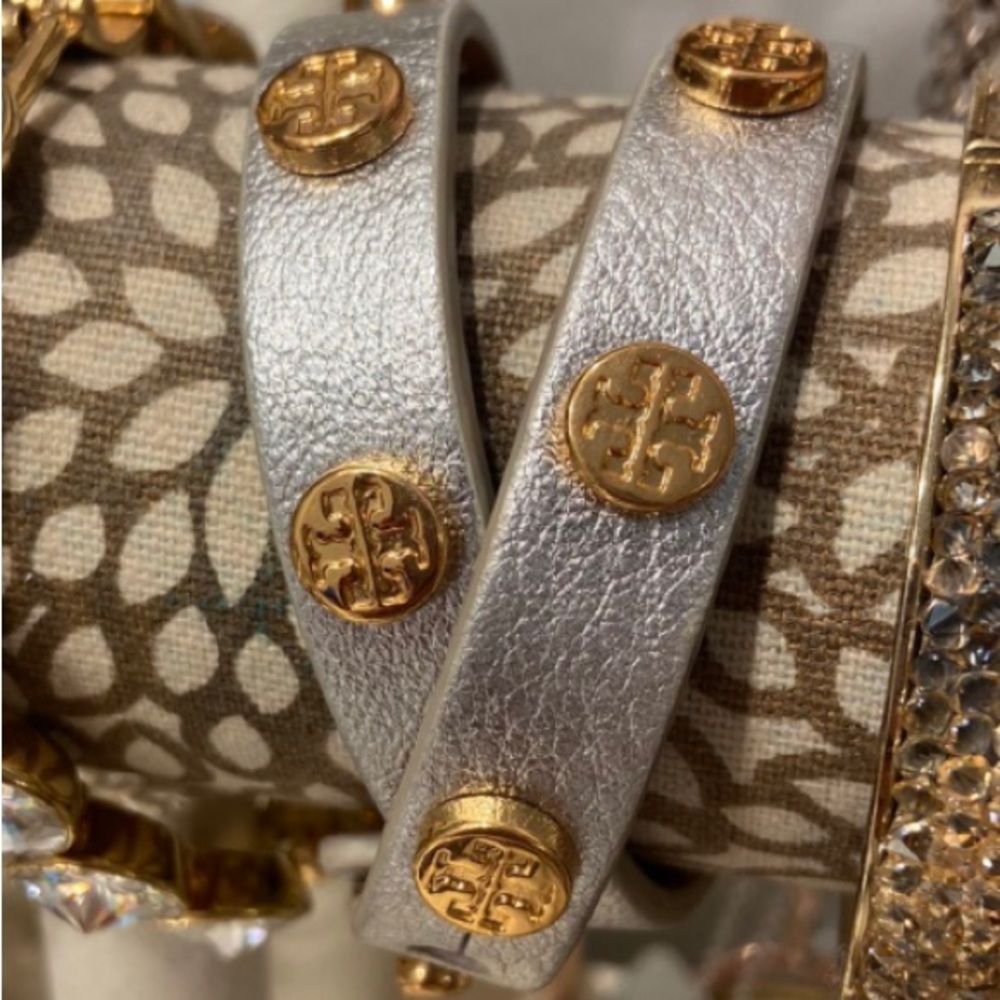 Tory Burch Leather Double Wrap Bracelet Gold and Silver